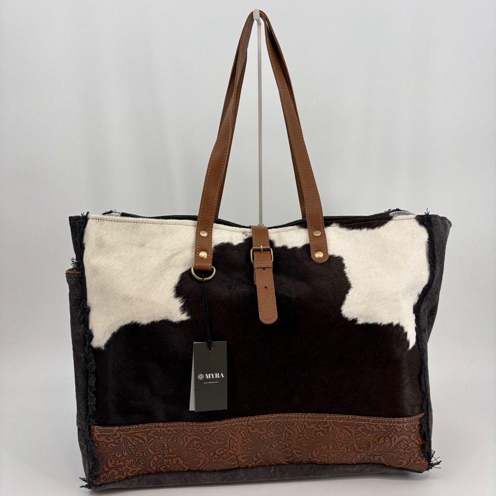 Myra Matty Affair Tote Bag Womens Large Black White Cowhide Canvas S-3332